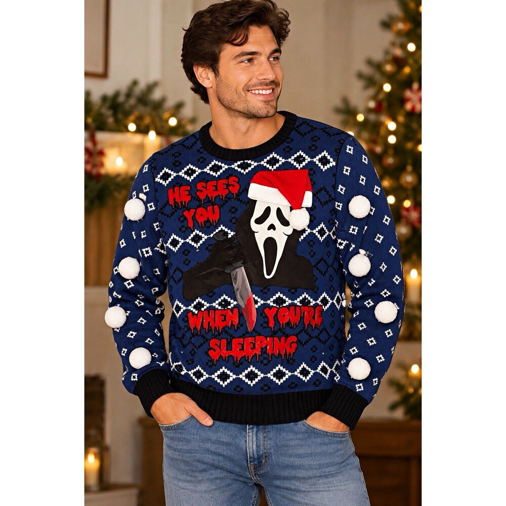 Spencer's Ghostface Ugly Christmas Sweater Blue 3D Pom-Poms light up Medium